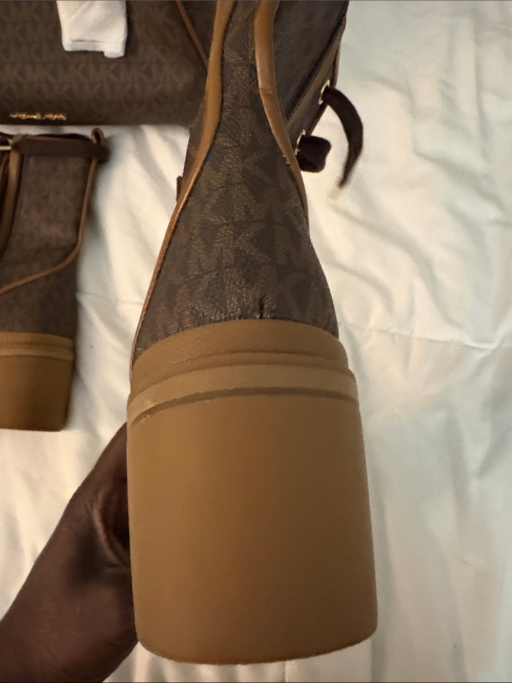 Michael Kors Brown Monogram Satchel and Lace-Up Heeled Boots - Picture 3 of 12